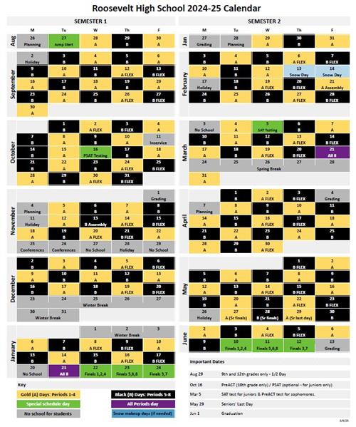 Calendar showing A and B days for the school year